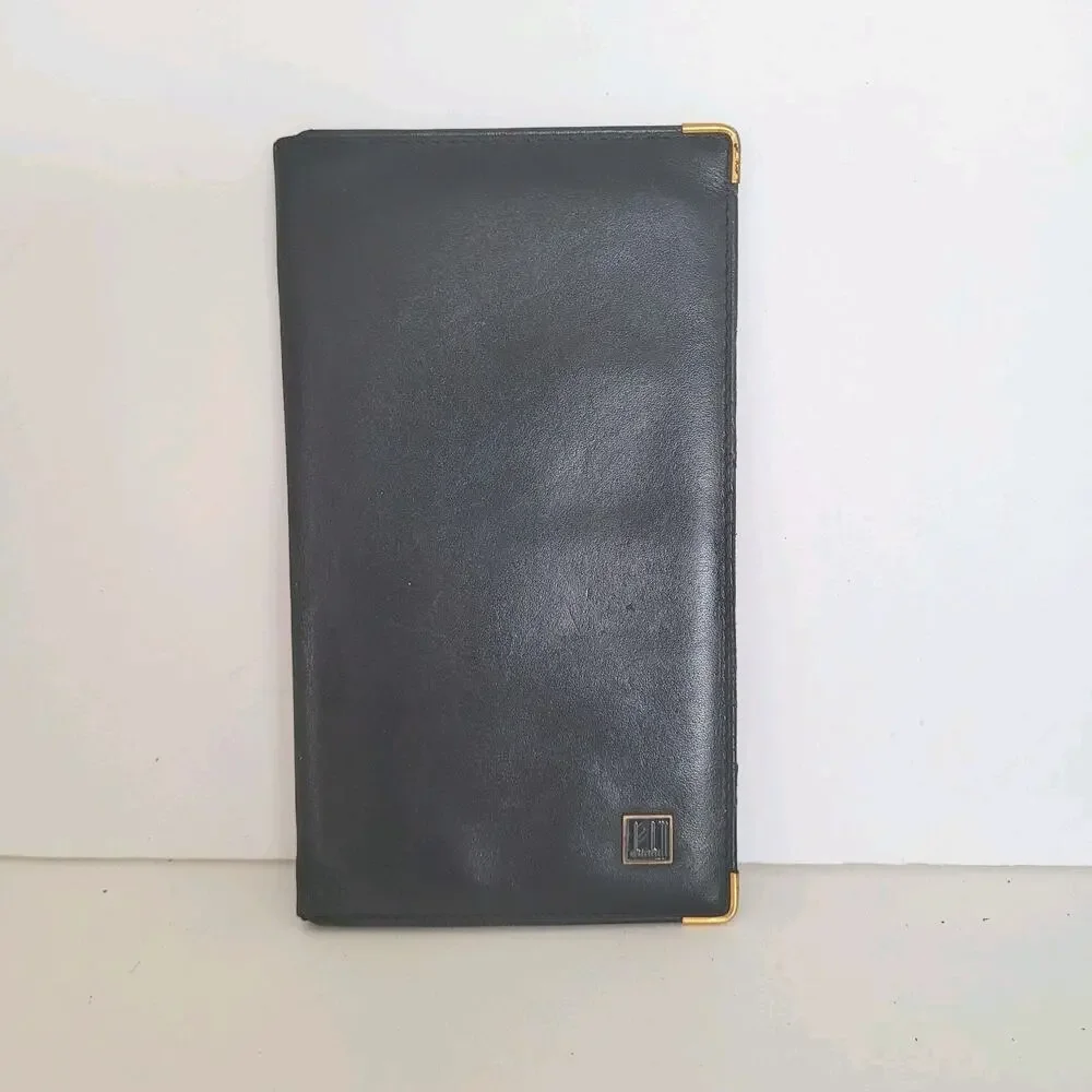 Dunhill Designer Checkbook Card Bill Holder Wallet Black Bifold Leather Retro